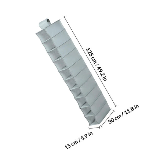 Keep Your Floor Space Sick And Clean With This Hanging Shoe Organizer Bag Featuring Multi Layer Pockets And Solid Nonwoven Material Ideal For Closets Doors And Dorms To Store Every Pair Of Kicks Without Any Hassle. Image of a dark grey hanging shoe organizer measuring 125 cm by 30 cm with multiple pockets.