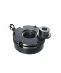 Electromagnetic brake assembly for servo/stepper motor; black metal housing with side gear and central shaft bore