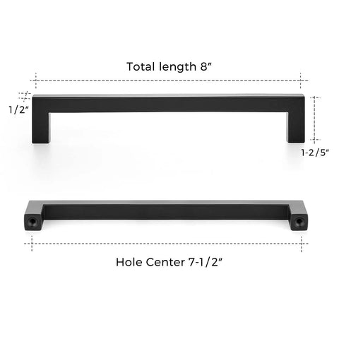 Matte Black Square Cabinet Handles Set for Kitchen Drawers 7.5 Inch Hole Centers 8 Inch Total Length, dimensions shown