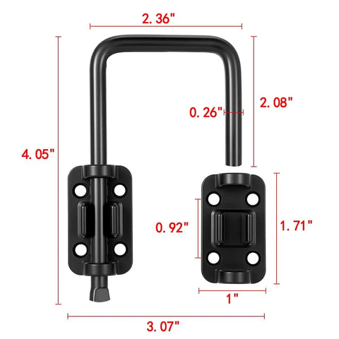 Heavy Duty Patio Sliding Door Loop Lock with U Shaped Latch Hook and adjustable bar, black metal, dimensions shown in inches