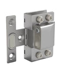 Rock Solid Brushed Steel Hydraulic Glass Door Hinge Dead Quiet Self Closing System showing detail from the side with silver finish.