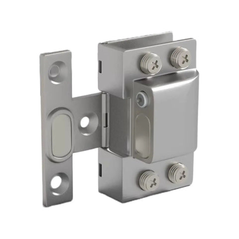 Rock Solid Brushed Steel Hydraulic Glass Door Hinge Dead Quiet Self Closing System showing detail from the side with silver finish.