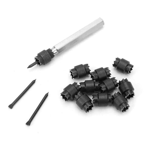 13 Piece Three Eighths Inch Double Sided HSS Spot Weld Cutter Kit With Hex Shank Drill Bits For Spot Weld Removal And Sheet Metal Panel Separator For Access Hole Cutting, set with cutters and pilot bits