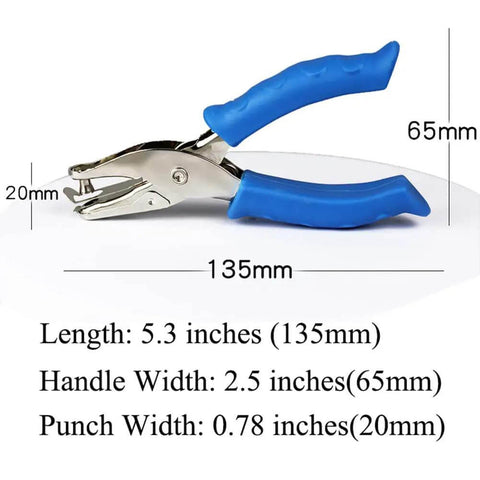 Single Hole Circle Paper Punch Handheld Scrapbooking Punch Rubber Coated Handle 6Mm Circle Puncher shown with blue rubber grips and dimensions