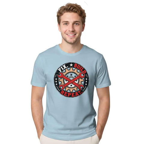 Chill Mechanical Engineer T-Shirt For Real Builders Vintage Gear Badge Design Soft 100% Cotton Tee worn by smiling male model.