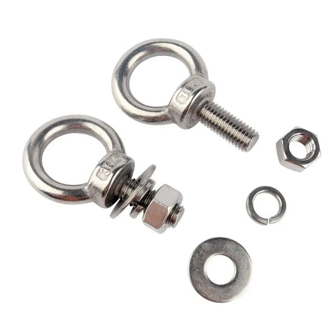 Beefy Stainless Steel Eye Bolts With Nuts Pack Of Four Quarter Inch By One Inch Lifting Rings for outdoor use, 304 stainless steel.