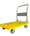 Heavy Duty Folding Flatbed Hand Cart With Knuckle Tough Grip And Silent Swivel Wheels Top Shelf Platform Dolly in yellow with sturdy handle.