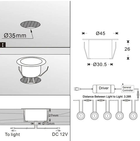 Technical diagram of Dope 20 Pack LED Deck Lights Kit 1.77 Inch RGBW IC Multicolor Dynamic Low Voltage Recessed Landscape Lights IP67 12V.