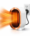 White Retro Mini Electric Space Heater With USA Plug And Play 1200W Fast Heating Ceramic Heater on desk, showing heat waves.
