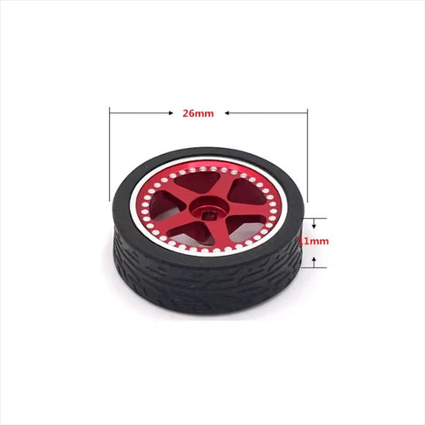 Metal Upgrade RC Tires For 1/28 Scale Racing Cars 11mm Wide 27mm Outer Diameter Durable Aluminum Construction Easy Install Spare Parts For High Performance Race Wheels Yellow, red hub, dimensions shown