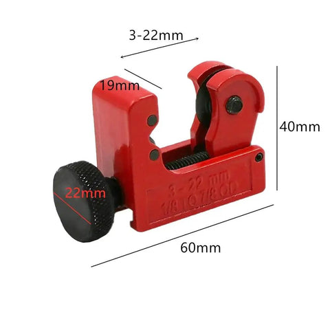Adjustable Mini Copper Pipe Cutter For Copper Metal Plastic Brass And Thin Stainless Steel Tubing One Eighth To Seven Eighths Inch OD Three To Twenty Two Millimeter Portable Tube Cutter For DIY HVAC Plumbing Maintenance And Garage Work showing compact red design.