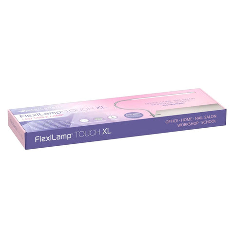 Packaging of FlexiLamp Touch XL LED Nail Desk Lamp With Removable Clamp Ultra Adjustable Nail Station Lighting For Manicures.