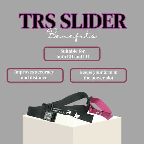 TRS Slider Golf Swing Trainer in black and purple showcasing benefits such as improving accuracy and keeping arm in power slot.