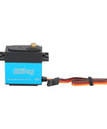 Beefy Digital Servo Featuring Rock Solid Metal Gears And Coreless Motor Waterproof Design Delivers Lightning Quick Response Plus 25 Kilogram Torque For 1 10 Scale Rcs Measuring 40 By 5mm Blue, shown from side view.