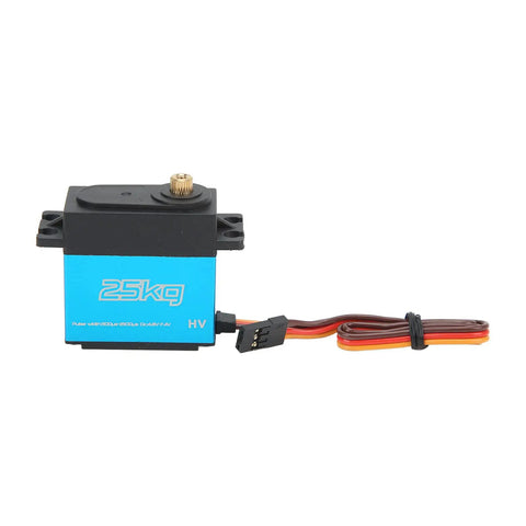 Beefy Digital Servo Featuring Rock Solid Metal Gears And Coreless Motor Waterproof Design Delivers Lightning Quick Response Plus 25 Kilogram Torque For 1 10 Scale Rcs Measuring 40 By 5mm Blue, shown from side view.