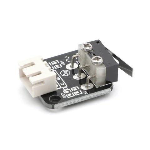 Close-up of a micro mechanical 3-pin NO/NC switch, part of a Five Pack Must Have End Stop Limit Switches For 3D Printers, showing connectors