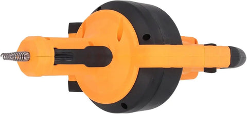 Cordless Electric Drain Auger And Plumbing Snake For Nasty Hair Clogs Kicks Blockages To The Curb showing orange design and steel cable.