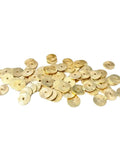 Top Shelf 8mm Gold Disc Brass Spacer Beads Featuring Gleaming 14K Gold Plated Finish scattered on white background.