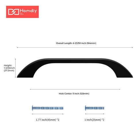 Diagram showing dimensions of 10 Pack 5 Inch Matte Black Aluminum Cabinet Handles Drawer Pulls For Kitchen Cabinets With 128mm Center To Center.