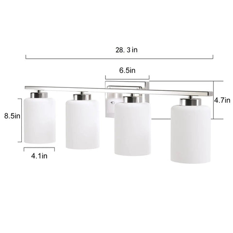4 Light Brushed Nickel Bathroom Vanity Light Fixture With Frosted Glass Shades Over Mirror Wall Sconce dimensions shown