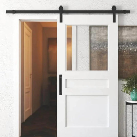 2 Pack Sliding Barn Door Handles Black Zinc Alloy Door Pulls With Plate 7.1 Inch Long 6.3 Inch Hole Center installed on white door