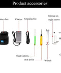 Heavy Duty Slick Portable Battery Powered Electric Strapping Tool Automatic PP PET Belt Packing Logistics Banding Machine accessories including battery box, charger, tools, and screws.