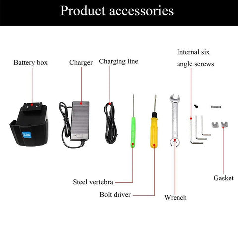 Heavy Duty Slick Portable Battery Powered Electric Strapping Tool Automatic PP PET Belt Packing Logistics Banding Machine accessories including battery box, charger, tools, and screws.