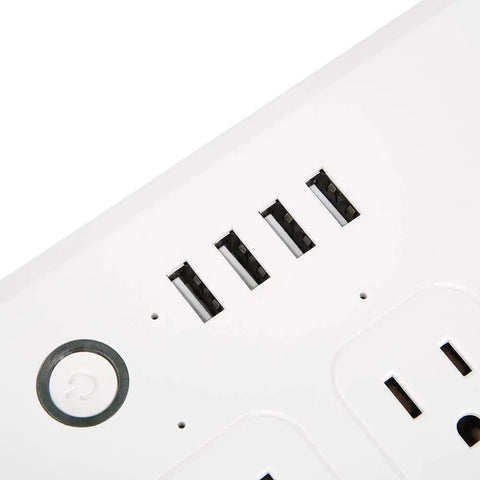 Close-up view of Rock Solid Wifi Smart Power Strip With Four Quick Charge Usb Ports And Voice Control, featuring USB ports.