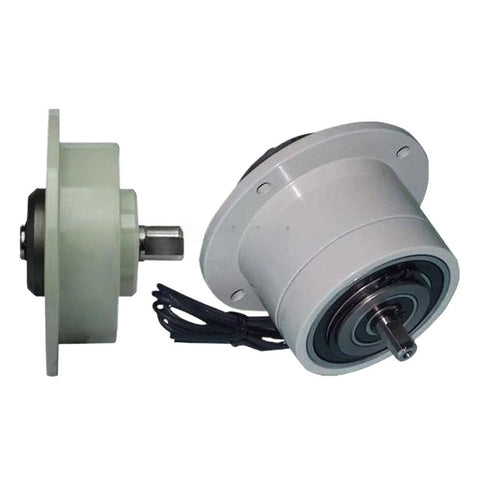 Two-piece magnetic powder brake PMB-50Y-006 with gray housing and exposed shaft, 24V