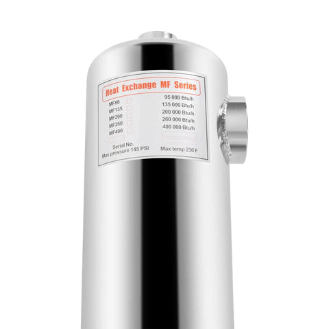 Close-up of Beefy 1-Inch To 2-Inch Stainless Steel Shell And Tube Pool Heat Exchanger label showing specifications and serial number