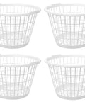 Set of 4 white plastic laundry baskets, round design, one bushel capacity, 17.5 x 17.5 x 12 inches, for sorting colors.