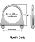 Diagram showing dimensions of Beefy Heavy Duty Zinc Plated Carbon Steel U Bolt Clamp 2.5 Inch OD, for exhaust, muffler, gate connections.