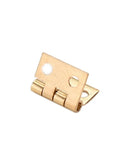 Close-up of a brass plated mini hinge from the 10 Pack Brass Plated Mini Hinges For Small Wooden Boxes And Cabinets, Decorative Box Lids With Nails, DIY Ready Furniture Hardware For Cabinets And Keepsakes, Easy Install.