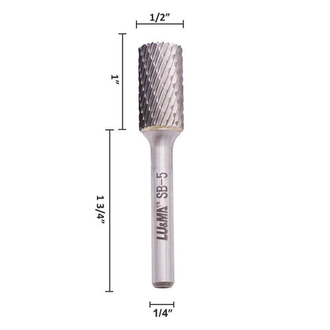 LU&MN SB-5 tungsten carbide burr, cylindrical double-cut, 1/2 in. dia x 1 in. length, 1/4 in. shank
