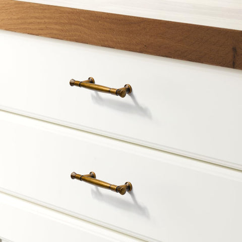 Antique Brass Kitchen Cabinet Pulls Set Of 6, 3 Inch Center To Center Solid Zinc Alloy Vintage Dresser Drawer Handles on white drawers