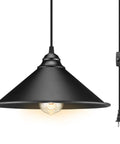 Knockout Black Plug In Pendant Light With Adjustable 13 Ft Copper Cord And UL Certified E26 Socket Hassle Free Install For Your Place, showcasing steel shade and switch.