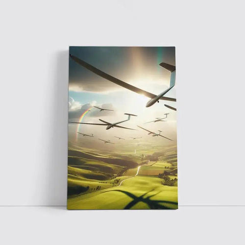 Freedom Over The Green Hills Wall Art Dope Canvas Print Or Poster Ready To Hang 30x20 with gliders over landscape and sky