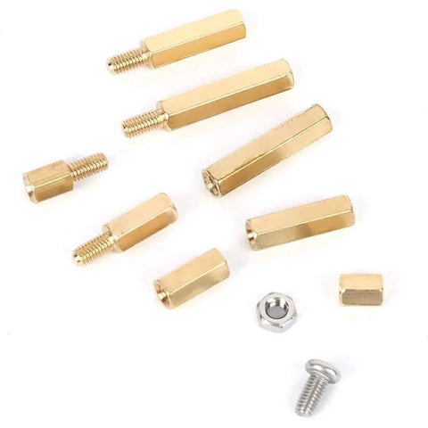 Heavy Duty Brass M3 Fastener Assortment Kit With Hex Socket Standoff Studs Flanged Bolts And Gasket Nuts, various brass fasteners displayed.