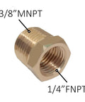 Brass adapter with 3/8 inch MNPT and 1/4 inch FNPT connectors for Extended Tank Drain Assembly Kit with Quarter NPT Elbow.