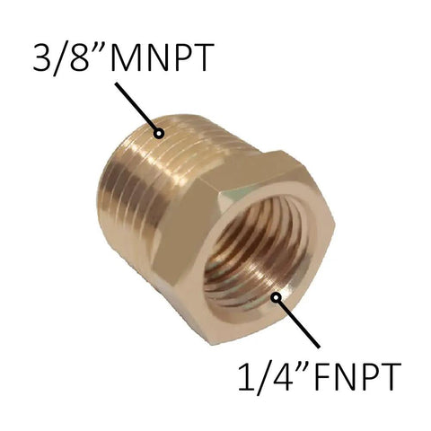 Brass adapter with 3/8 inch MNPT and 1/4 inch FNPT connectors for Extended Tank Drain Assembly Kit with Quarter NPT Elbow.