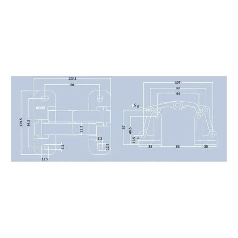 Technical drawing of Heavy Duty Concealed Door Hinge Precision Cast Rust Resistant Steel for masonry, showing dimensions.