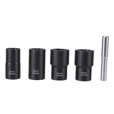 Five Piece Lug Nut Extractor Set For Stripped Bolts Chrome Molybdenum Steel with 17mm 19mm 21mm 22mm Sizes for Auto Repairs.