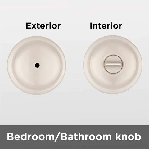 Juno Interior Privacy Door Knob With Lock For Bedroom And Bathroom Satin Nickel Finish No Fuss Keyless Turn Lock Microban Protection Easy DIY Install In Minutes, showing exterior and interior view