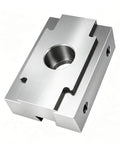 One Piece M8 Double Sided Clamping Block For CNC Machining Quick Swap Jaw Fixture Wide Base Setup showing metal body with a central hole.