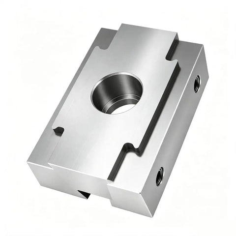 One Piece M8 Double Sided Clamping Block For CNC Machining Quick Swap Jaw Fixture Wide Base Setup showing metal body with a central hole.