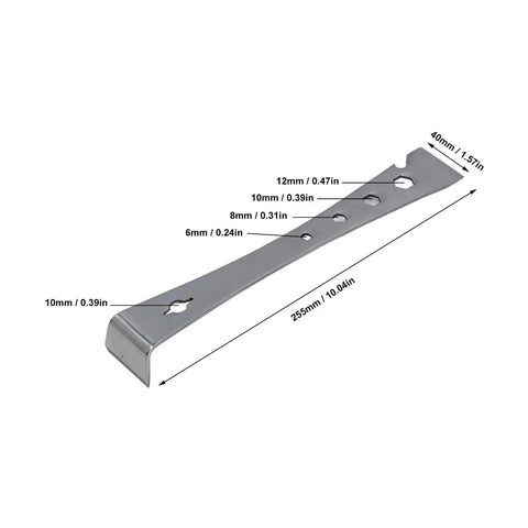 Hardened 3Cr13 Stainless Steel Pry Bar Tool with flat design, chisel tips, and 4 hex holes, dimensions visible for woodworking and auto disassembly.