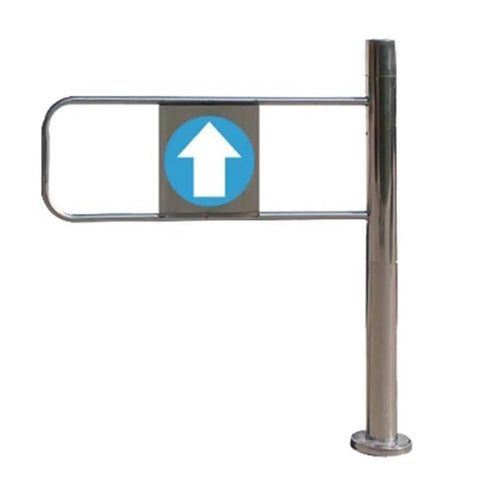 Heavy Duty Industrial Metal Swing Gate For Retail Store Entrances And Libraries with directional sign and stainless steel finish.