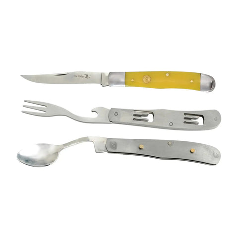 Multipurpose Folding Pocket Knife With Integrated Fork Spoon And Bottle Opener Featuring A Rock Solid Stainless Steel Blade showing yellow handle.