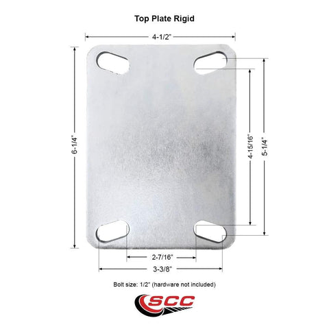 Front view of top plate rigid mounting plate, steel, with four oblong bolt slots.