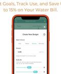 F2X Smart Home Water Monitor and Leak Detector on phone app, create budget screen with monthly water use